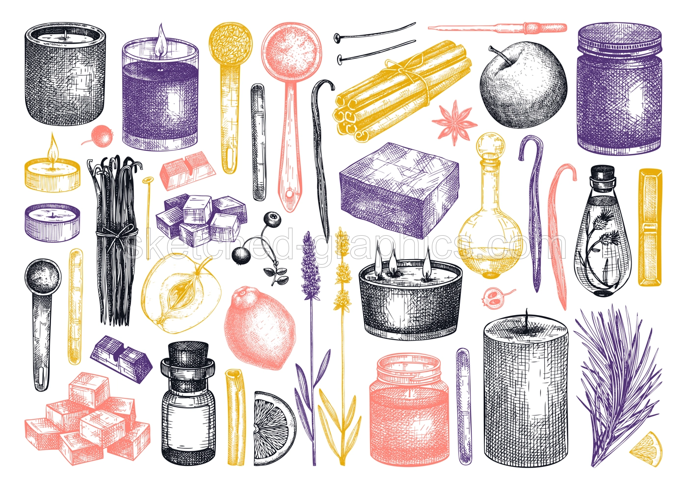 Hand-sketched aromatic candles ingredients collection. Vector illustrations of candles, wax, fragrance, color, and skewers. Natural materials for aromatherapy, hobby, handcrafts, candle making. Illustration